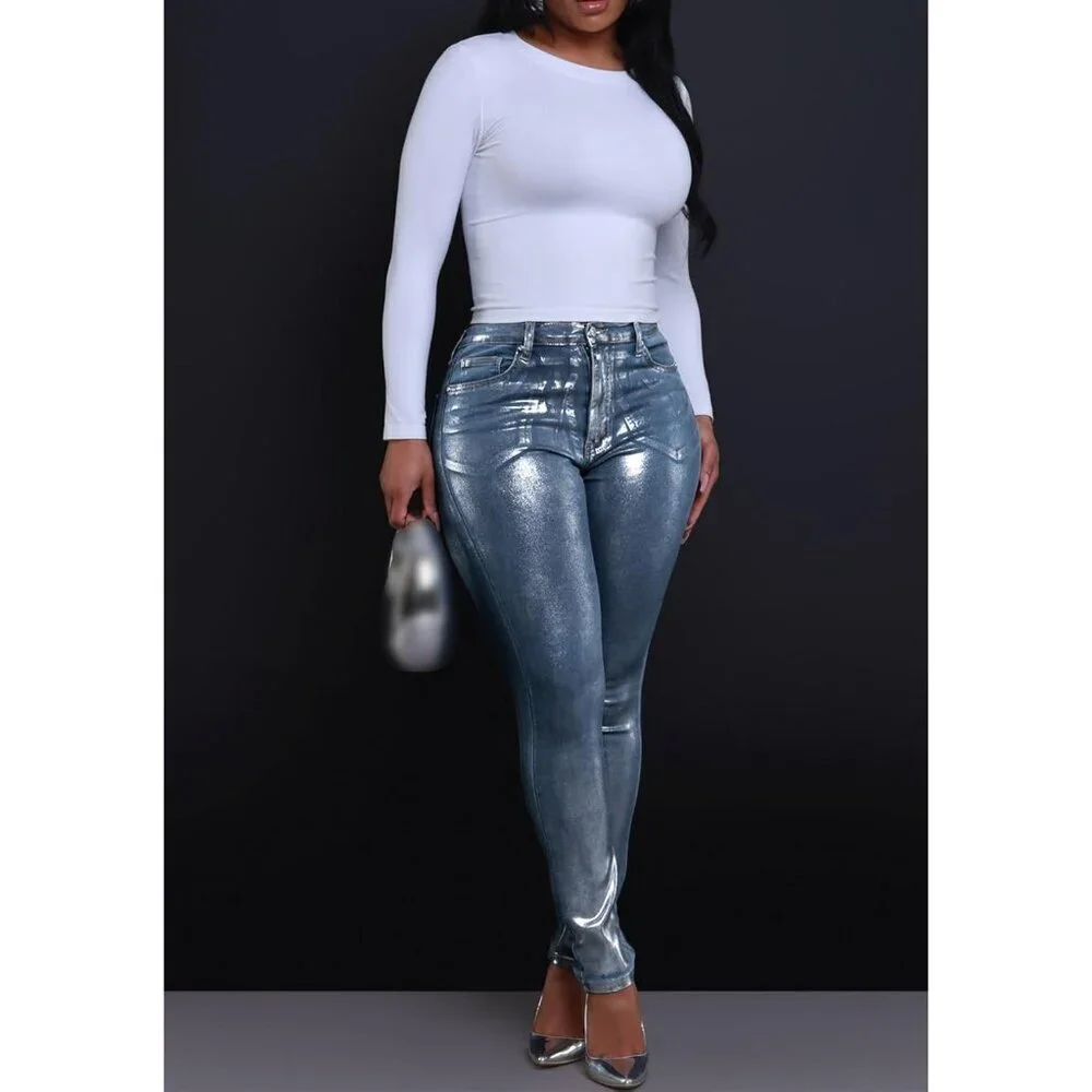 Women's High Waist Metallic Silver Skinny Jeans Stretchy Slim Fit Denim - Picture 4 of 6